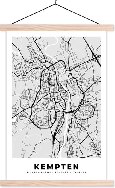 Posterhanger incl. Poster 40x60 cm - Schoolplaat - Plattegrond - Kempten - Kaart - Stadskaart - Duitsland - Textielposter - Blanke latten - Stadskaart