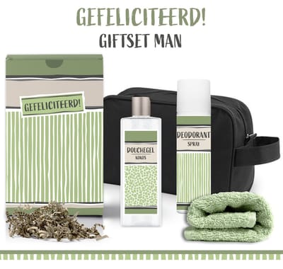 Geschenkset "Gefeliciteerd" - 4 producten - 400 gram - Triomf Cosmetica | Giftset Man Toilettas zwart Luxe Wellness cadeaubox Cadeau Gift Set Verjaardag Geslaagd Winnaar Wellness cadeau Vader Collega Vriend Diploma School Studie Rijbewijs