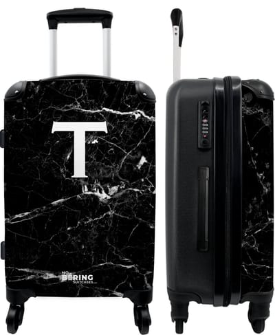 NoBoringSuitcases.com - Zwarte marmer koffer met initialen - Grote reiskoffer zwart letter T - Trolley op wieltjes 60 liter - Rolkoffer groot - Ruimbagage valies 20kg - Valiezen voor volwassenen medium - Luggage suitcase middelgroot - Bagagekoffer