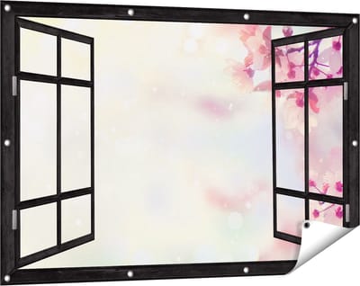 Gards Tuinposter Doorkijk Roze Bloesemboom met Zonneschijn - 120x80 cm - Tuindoek - Tuindecoratie - Wanddecoratie buiten - Tuinschilderij