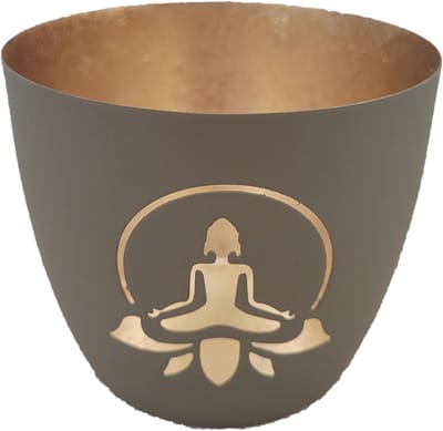 Decoratieve Windlicht met Yoga Lotus Silhouet in Zandsteenlook - Warm Sfeervol Licht