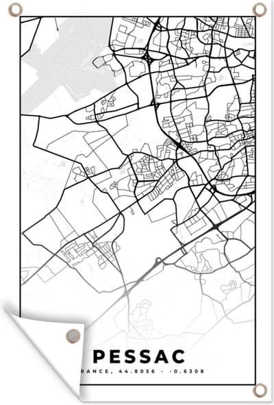 Muurdecoratie Kaart - Stadskaart - Frankrijk - Plattegrond - Pessac - Zwart wit - 120x180 cm - Tuinposter - Tuindoek