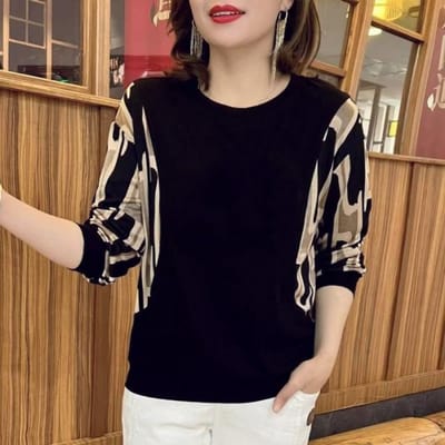 Ijsgaren Nieuw Modieus T-shirt met Lange Mouwen en Grote Maat Ronde Hals Slankmakende Diamanten Top voor Vrouwen van Middelbare Leeftijd 3XL beige