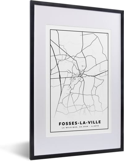 Fotolijst incl. Poster Zwart Wit- Plattegrond – Fosses la Ville – Zwart Wit – Stadskaart - Kaart - België - 40x60 cm - Posterlijst