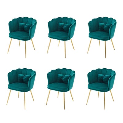 YEHTOKHOME Velvet Eetkamerstoelen set van 6 met armleuning, Bureaustoel, Make-upstoel, Ergonomisch, Fauteuil, Fluwelen stoel met bloemblad-rugleuning, Vergulde metalen poten, Vlinderkussens, Groen