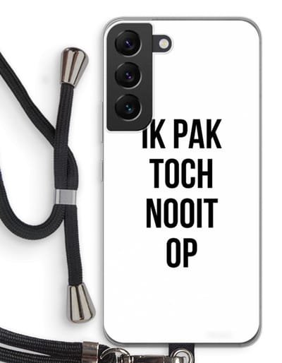 Case Company® - Hoesje met koord geschikt voor Samsung Galaxy S22 hoesje met Koord - Ik pak nooit op - Telefoonhoesje met Zwart Koord - Bescherming aan alle Kanten en Over de Schermrand