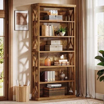 LITTLE TREE Houten Freestanding Boekenkast - Boerderijstijl - 80X30X180 cm - Industriële 6-Tier Displaykast - Voor Woonkamer/Home Office - Bruin