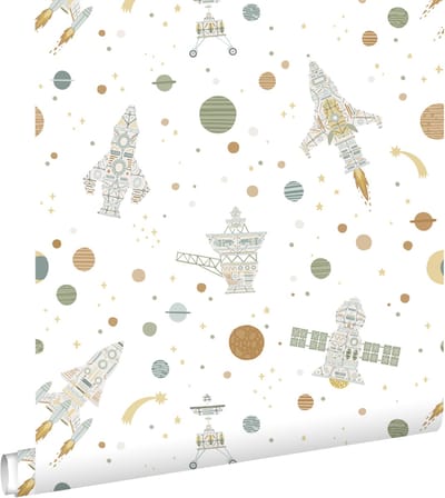 ESTAhome behang planeten in de ruimte wit, groen en bruin - 50 x 900 cm - 132069
