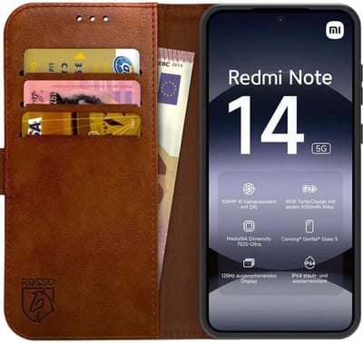 Rosso Element Geschikt voor Xiaomi Redmi Note 14 5G | Wallet Book Case | Portemonnee Hoesje | 3 Pasjes | Magneetsluiting | Stand Functie | Bruin