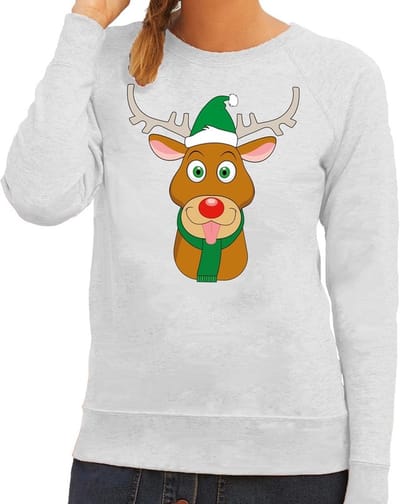 Foute kersttrui - sweater - Rudolf het rendier met grijse kerstmuts - rood - voor dames - Kersttruien - vrouwen XS