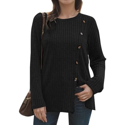 Chemisier décontracté en tricot à manches longues et col rond pour femmes 2XL noir