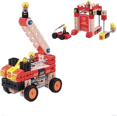 Brandweer Constructieset - 122-delig Houten Speelgoed - Bouw je Eigen Brandweerwagen & Kazerne