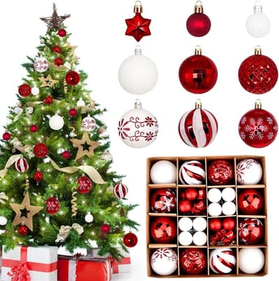 Kerstballen Set van 44 Stuks in Rood en Wit - Plastic Kerstversiering voor een Feestelijke Sfeer