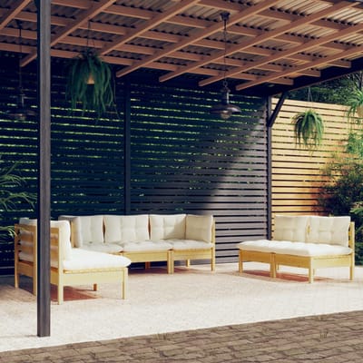 vidaXL - 7-delige - Loungeset - met - crèmekleurige - kussens - massief - grenenhout