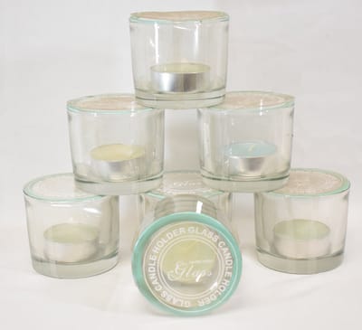 ZoeZo Design - 6 stuks - waxinelichtjeshouder - zwaar glas - glas - licht groene rand - met theelichtjes - H8 x Ø8 cm - herbruikbaar