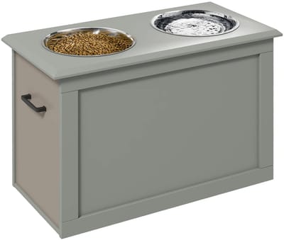 Bresht Voerbak - Voerstandaard - Verhoogd - 2 uitneembare roestvrijstalen voerbakken - Handgrepen - Grijs - 60 × 30 × 41 cm