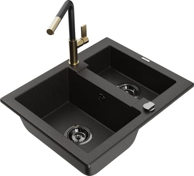 Mexen Carlos granieten gootsteen 1,5-komor met keukenkraan Flora, zwart/gouden metallic - 6518-75-670401-57-B