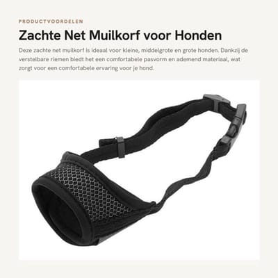 Hondenmuilkorf Zacht - Verstelbare Riemen - Ademende Muilkorf - Polyester - Snuitomtrek 14-20 cm - Lichtgewicht 45 gram - Hondentuig