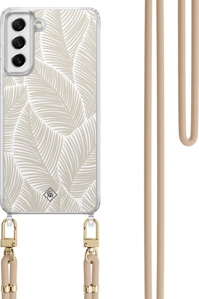 Casimoda® hoesje met koord - Geschikt voor Samsung S21 FE - Palm Leaves Beige - Afneembaar koord - TPU/polycarbonaat - Bruin/beige