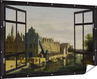 Gards Tuinposter Doorkijk De Waag en de Kraan aan het Spaarne te Haarlem - Gerrit Adriaensz Berckheyde - 180x120 cm - Tuindoek - Tuindecoratie - Wanddecoratie buiten - Tuinschilderij