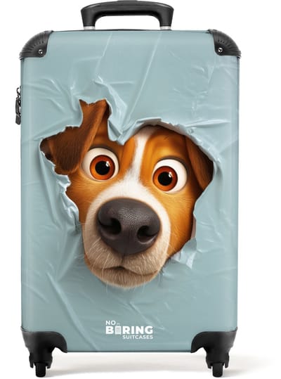 NoBoringSuitcases.com® - Kinderkoffer - Kindertrolley jongen en meisje - Bruine hond door gescheurd blauw plastic - Handbagage koffer lichtgewicht - Reiskoffer trolley kinderen - Rolkoffer met wieltjes - Past binnen 55x40x20 en 55x35x25