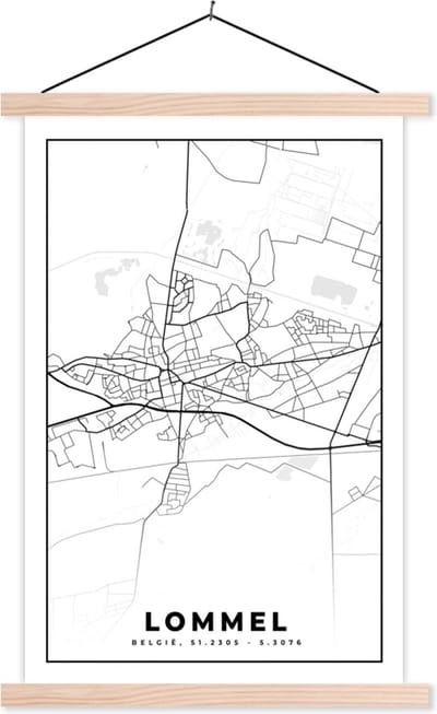 Posterhanger incl. Poster 40x60 cm - Schoolplaat - België – Lommel – Stadskaart – Kaart – Zwart Wit – Plattegrond - Textielposter - Blanke latten - Stadskaart