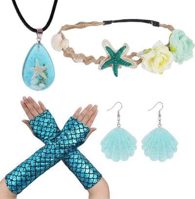 Dames Zeemeermin Kostuum met Accessoires, Onderwater Wereld Outfit met Blauwe Lange Handschoenen, Schelp en Sterrenaccessoires voor Cosplay en Feestjes