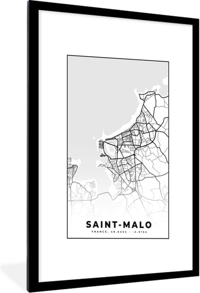 Fotolijst incl. Poster Zwart Wit- Saint-Malo - Kaart – Plattegrond – Frankrijk – Stadskaart - Zwart wit - 60x90 cm - Posterlijst