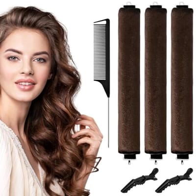 WuGU 3Pcs Heat Free Hair Curlers, Flexible Night Curls with Hook and 2 Clips, DIY Curlers for Short, Long or Curly Hair (Brown)