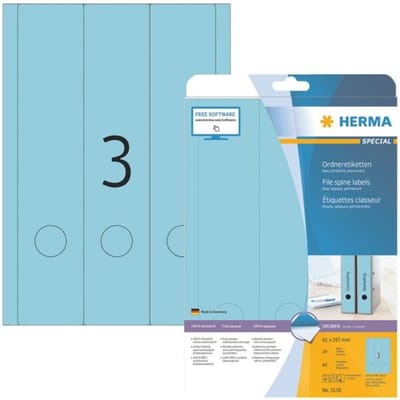 Herma ordneretiketten A4, 297 x 61 mm, permanent hechtend/bedrukbaar, 60 stuks, blauw