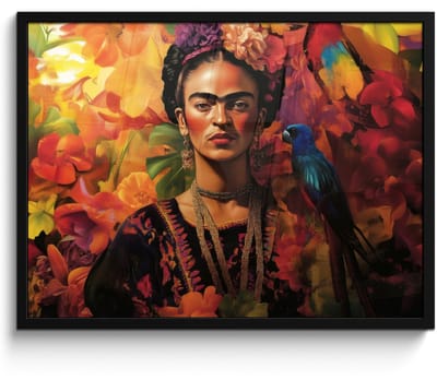 Poster in lijst - Fotolijst 70x50 cm - Posters - Vrouw - Bloemen - Papegaai - Schilderachtig - Posterlijst zwart - Decoratie - Wanddecoratie woonkamer - Muurdecoratie slaapkamer