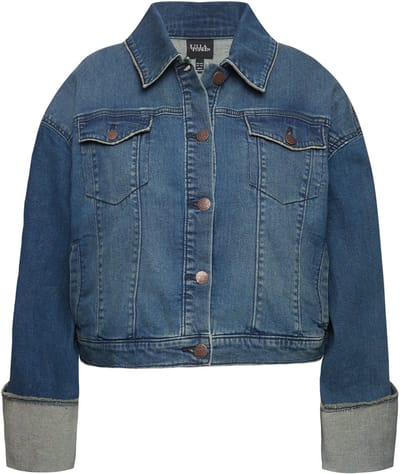 Ulla Popken - Dames - Jeansjas franjes overhemdkraag brede mouwomslag - Blauw denim - Maat 46+
