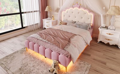 Gestoffeerd bed, 140 x 200 cm, met lattenbodem (zonder matras), sfeerverlichting met afstandsbediening, kroonprinsesvorm, materiaal PU, roze