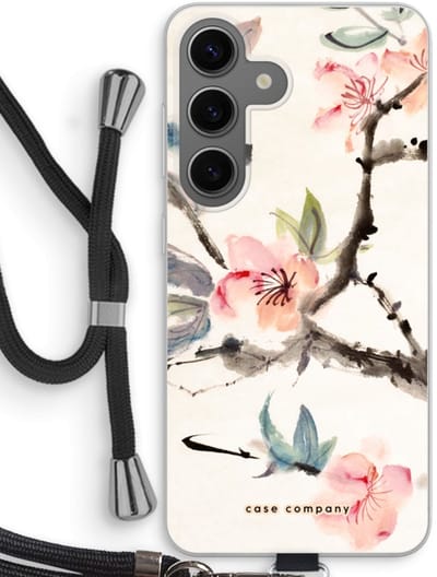 Case Company® - Hoesje met koord geschikt voor Samsung Galaxy S24 hoesje met Koord - Japanse bloemen - Telefoonhoesje met Zwart Koord - Bescherming aan alle Kanten en Over de Schermrand
