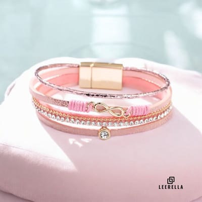 Leerella Stijlvolle Multi-Color Leather Infinity Armband - Roze 19 cm