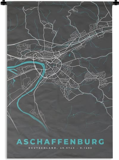 Wandkleed - Wanddoek - Stadskaart – Kaart – Aschaffenburg – Blauw – Duitsland – Plattegrond - 120x180 cm - Wandtapijt