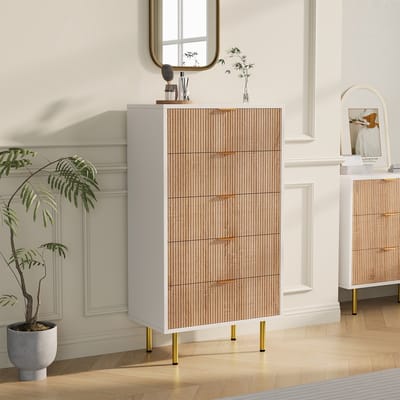 Moderner Schrank mit 5 Schubladen, Nachttisch mit goldfarbenen Metallgriffen, Sideboard, moderne Kommode für Schlafzimmer, Wohnzimmer, Büro, Kleiderschrank, Holz + Weiß, 1-teilig