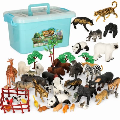 Dierenfiguren Speelset - 59-delig met Zoo Safari en Boerderij Dieren - Hard Rubber Speelgoed met Bomen Hekjes en Opbergbox - Vanaf 3 Jaar