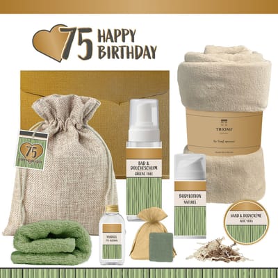 Geschenkset “75 Happy Birthday” - 8 producten - 1140 gram - Triomf Cosmetica | Luxe wellness Cadeaubox voor haar Giftset Verjaardag Vijfenzeventig jaar Cadeau Pakket Gefeliciteerd Verjaardagscadeau Vrouw Seventy-five Years Hartje Goud Groen Beige