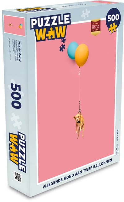 Puzzel Vliegende hond aan twee ballonnen - Legpuzzel - Puzzel 500 stukjes
