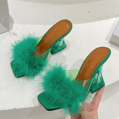 Maat 35-41 Sexy Vreemde Transparante Hakken Pantoffels Mode Bont Veer Zomersandalen Peep Toe Instapper Doorzichtige Schoenen Vrouwen Slippers 35 groen