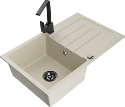 Mexen Bruno granieten spoelbak 1-kompartment met afdruiprek en keukenkraan Rita, beige - 6513-69-670300-70