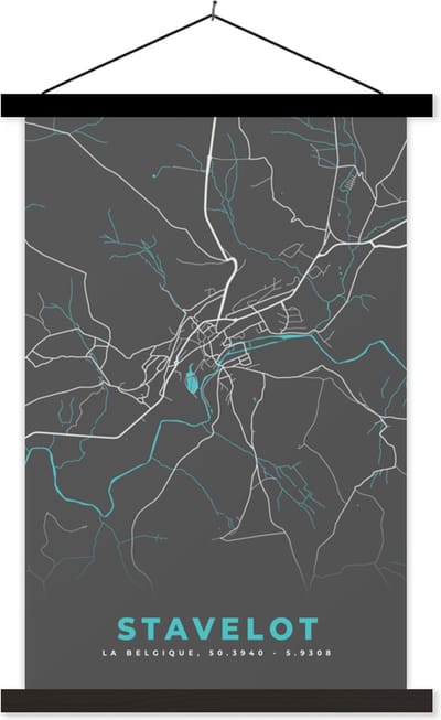 Posterhanger incl. Poster 40x60 cm - Schoolplaat - Stadskaart – Grijs - Kaart – Stavelot – België – Plattegrond - Textielposter - Zwarte latten - Stadskaart
