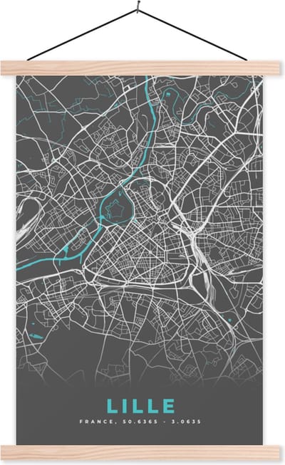 Posterhanger incl. Poster 40x60 cm - Schoolplaat - Frankrijk - Lille - Plattegrond - Kaart - Stadskaart - Textielposter - Blanke latten - Stadskaart