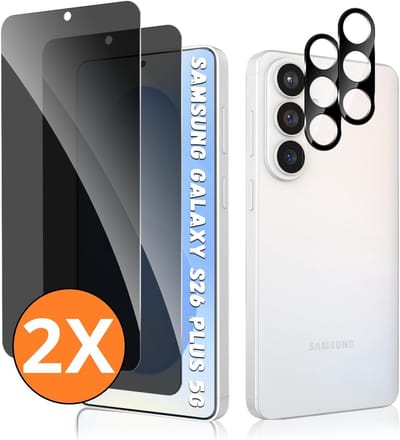 Privacy screenprotector Geschikt voor Samsung S26 Plus - screenprotector Privacy Met Galaxy S26 Plus camera lens - Complete bescherming voor Samsung S26 Plus – scherm en camera in één set - 2X
