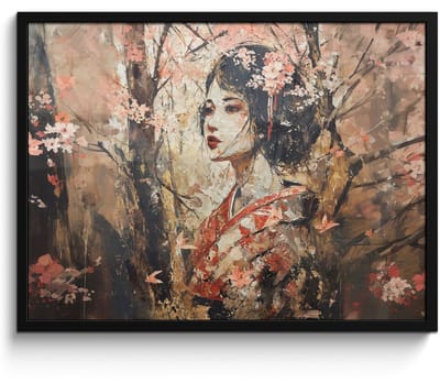 Poster in lijst - Fotolijst 80x60 cm - Posters - Kimono - Vrouw - kersenbomen - Posterlijst zwart - Decoratie - Wanddecoratie woonkamer - Muurdecoratie slaapkamer