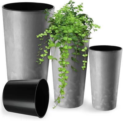 KADAX Bloempot met houtspaanders, elegante bloempot met uitneembare inzet, bloempotbescherming voor kantoor, bloembak, pot, tuinschaal (grijs beton)