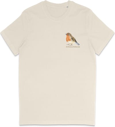 T Shirt Heren Print - T Shirt Dames Opdruk - Roodborstje - Vogelaar - Beige - S