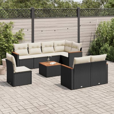 vidaXL - 9-delige - Loungeset - met - kussens - poly - rattan - zwart