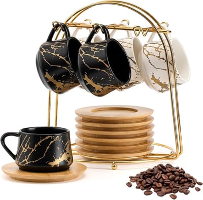 Set van 6 Stapelbare Keramische Koffiekoppen met Houten Schotels en Gouden Stand, Perfect voor Cappuccino, Espresso en Latte